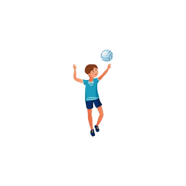 El adolescente juega voleibol con una camiseta azul. Ilustración vectorial en el estilo plano de dibujos animados — Vector de stock