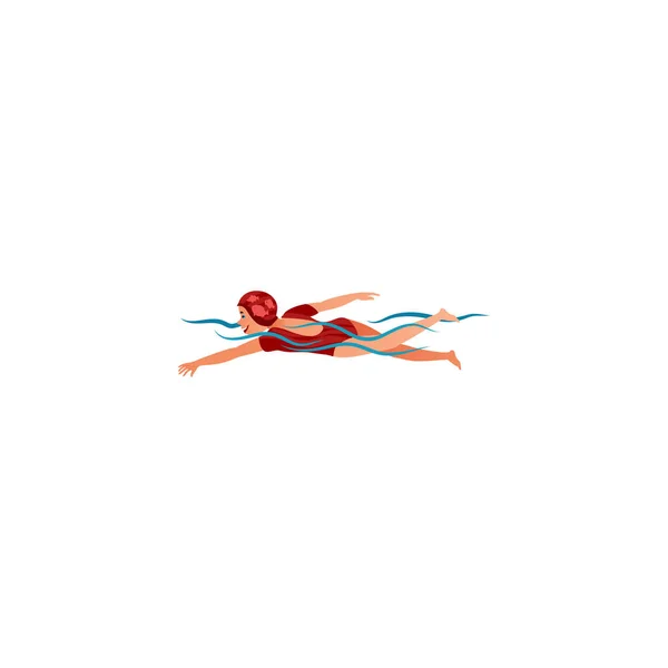 Een tienermeisje zwemt in een rood badpak. Vector illustratie in een platte cartoon stijl. — Stockvector