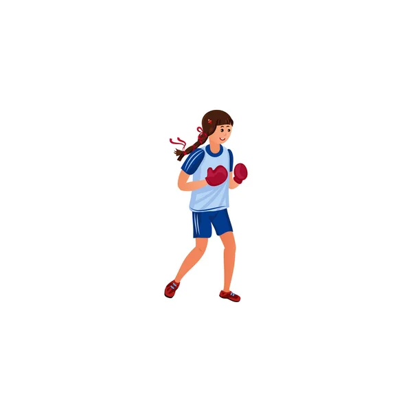 파란 운동복입은 귀여운 여자 권투 선수. 평면 만화에 나오는 벡터 삽화 — 스톡 벡터