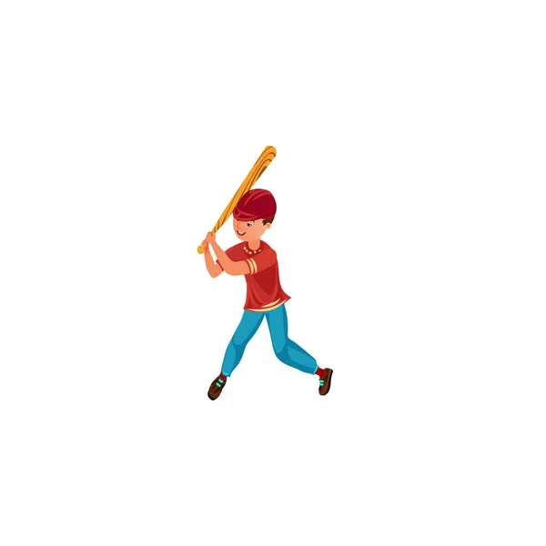 El adolescente juega béisbol con gorra roja. Ilustración vectorial en el estilo plano de dibujos animados — Archivo Imágenes Vectoriales