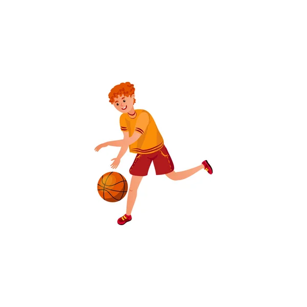 Tonårspojken spelar basket i en gul t-shirt. Vektor illustration i platt tecknad stil — Stock vektor