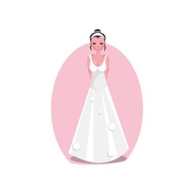 Genç gelinin üzerinde diyademi olan uzun, modern bir gelinlik. Çizgi film tarzında vektör illüstrasyonu.