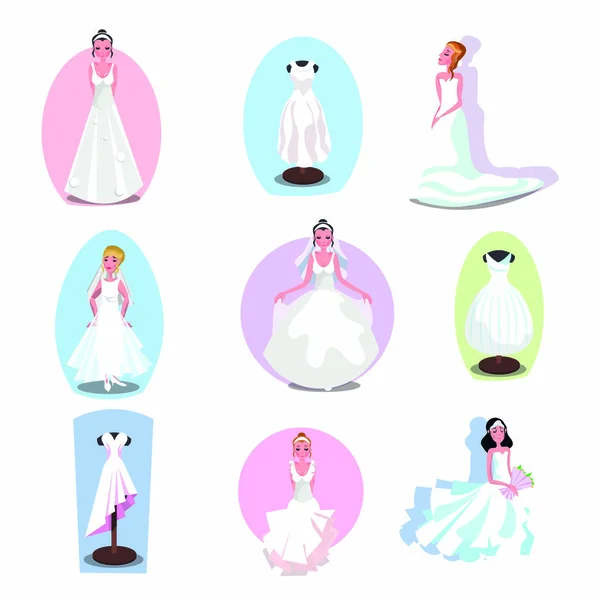 Hochzeitskleider in verschiedenen Stilen auf einer Schaufensterpuppe und Bräute. Vektorillustration im flachen Cartoon-Stil — Stockvektor