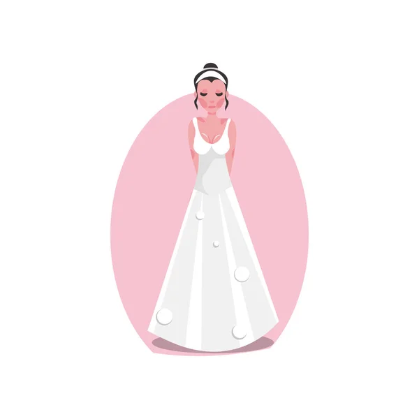 Weißes langes Brautkleid im modernen Stil mit einem Diadem auf der jungen Braut. Vektorillustration im flachen Cartoon-Stil. — Stockvektor