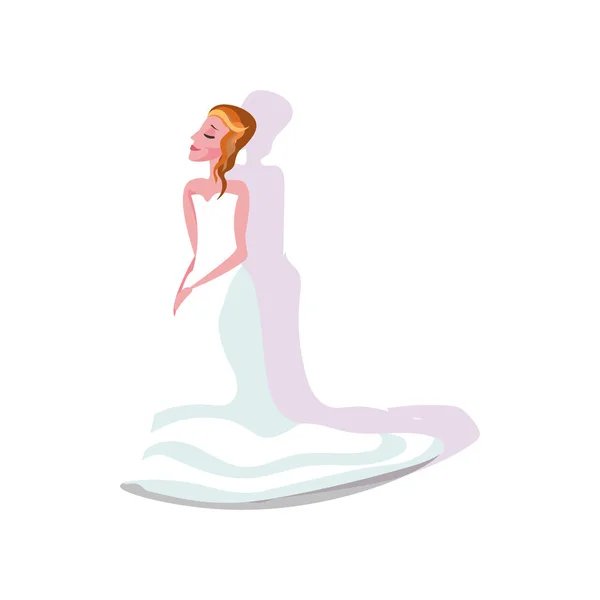 Vestido de novia blanco de estilo moderno con una falda larga en la novia joven con sombra. Ilustración vectorial en un estilo plano de dibujos animados . — Vector de stock