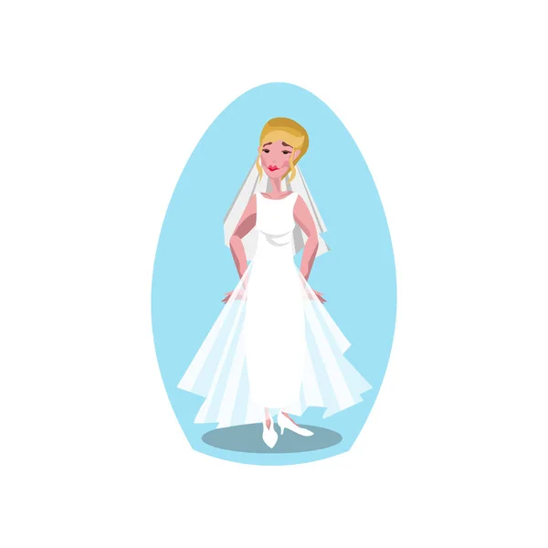 Vestido de noiva longo estilo moderno branco com véu e diadema na noiva jovem. Ilustração vetorial em estilo cartoon plano . — Vetor de Stock