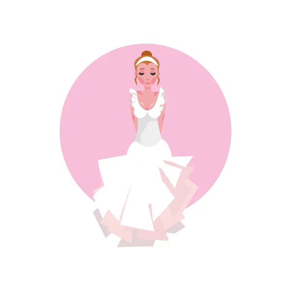 Langes Brautkleid mit Rüschensaum, geschichtetem Rock und einem Diadem auf der jungen Braut. Vektorillustration im flachen Cartoon-Stil. — Stockvektor