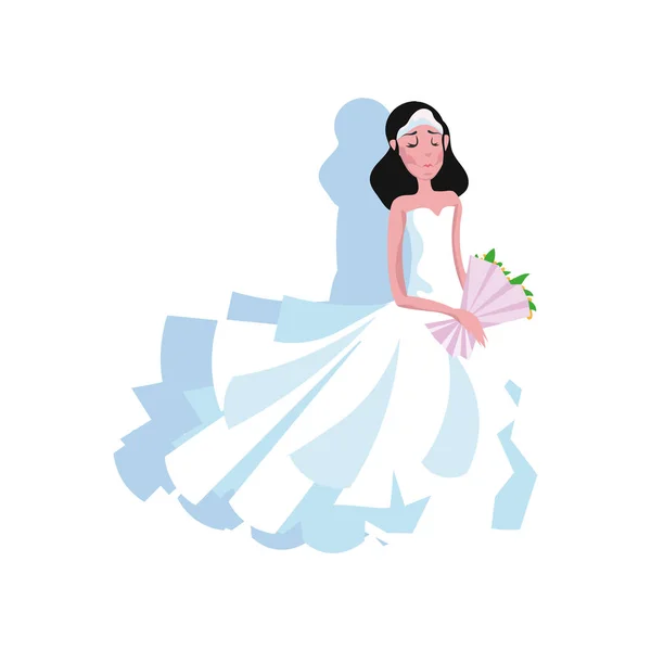 Weißes Brautkleid im modernen Stil mit langem Rock auf der jungen Braut mit Diadem und Blumen. Vektorillustration im flachen Cartoon-Stil. — Stockvektor