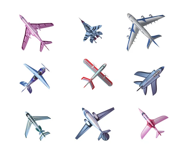 Set of different airplane aircrafts bottom view vector illustration — Stock Vector