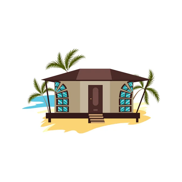 Plajdaki kahverengi bungalov Palms vektör illüstrasyonuyla çevrili — Stok Vektör