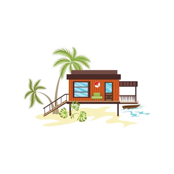 Bungalow of lifeguard with boat and lifebuoy vector illustration — ストックベクタ