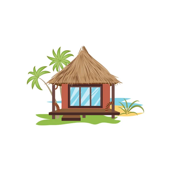 Bungalow com telhado de palha cercado por palmas ilustração vetorial —  Vetores de Stock