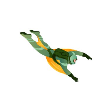 Wingsuit adam düz çizgi film tarzında hava vektör illüstrasyonunda uçuyor..