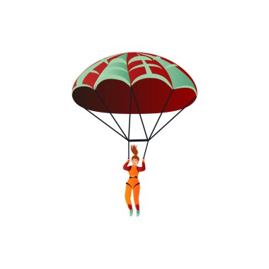 Turuncu elbiseli kız paraşütle uçuyor. Çizgi film tarzında vektör illüstrasyonu.