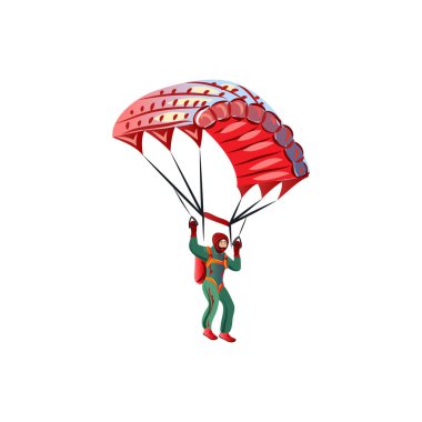 Yeşil elbiseli paraşütçü, kırmızı paraglider ile uçuyor. Çizgi film tarzında vektör illüstrasyonu.