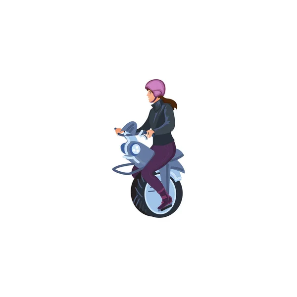 Kobieta w kasku jeżdżąca na elektrycznym monobiku. Ilustracja wektora w płaskim stylu kreskówki. — Wektor stockowy