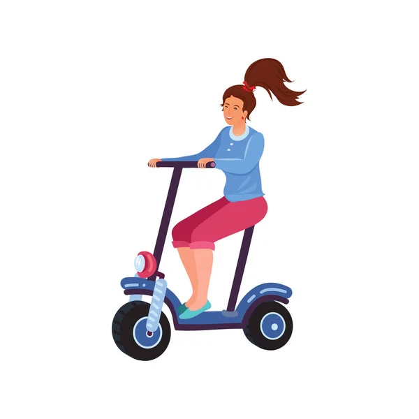 Frau auf einem elektrischen Zweirad-Roller mit Sitz. Vektorillustration im flachen Cartoon-Stil. — Stockvektor