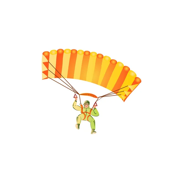 Paracaidista en traje verde volando con el parapente naranja. Ilustración vectorial en un estilo plano de dibujos animados . — Vector de stock
