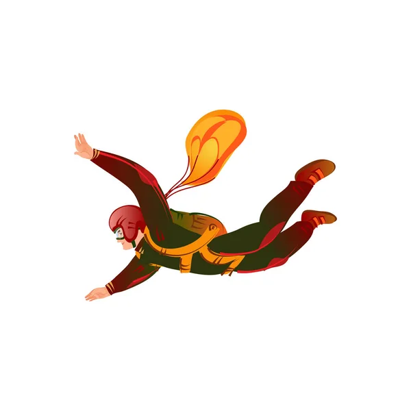 Jumper parachute en combinaison verte volant avec le parachute orange. Illustration vectorielle dans un style de dessin animé plat . — Image vectorielle