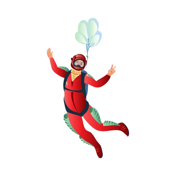 Skydiver con la tuta rossa che vola con il paracadute blu che mostra il segno della pace. Illustrazione vettoriale in stile fumetto piatto . — Vettoriale Stock