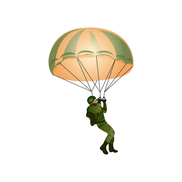 Un paracaidista con uniforme militar vuela con un paracaídas. Ilustración vectorial en un estilo plano de dibujos animados . — Archivo Imágenes Vectoriales