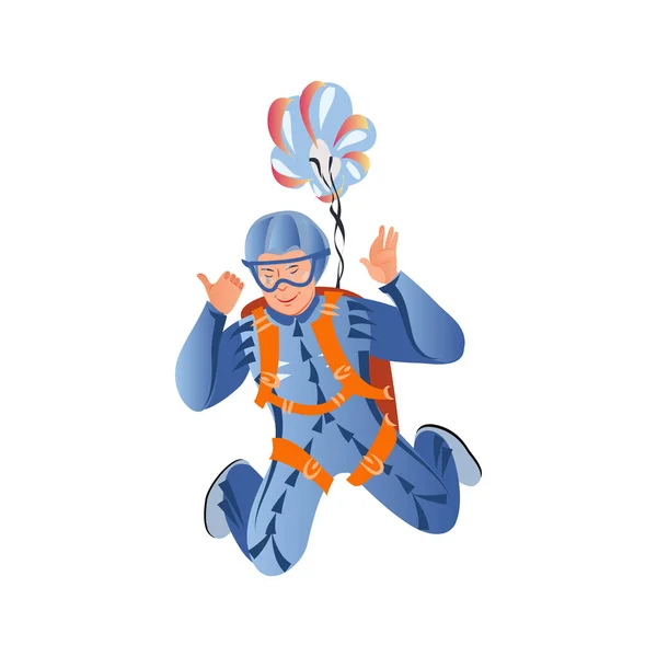 Skydiver con la tuta blu che vola con il paracadute blu che mostra il segno OK. Illustrazione vettoriale in stile fumetto piatto . — Vettoriale Stock