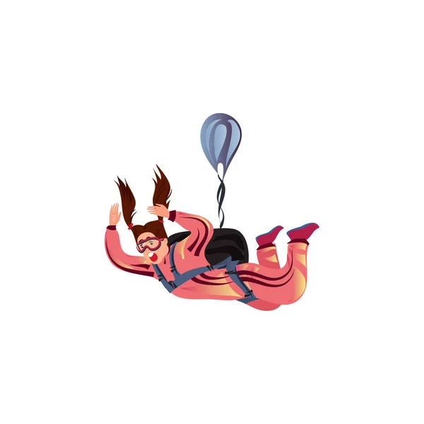 Chica paracaidista asustada cayendo con un paracaídas azul y gritando. Ilustración vectorial en un estilo plano de dibujos animados . — Vector de stock