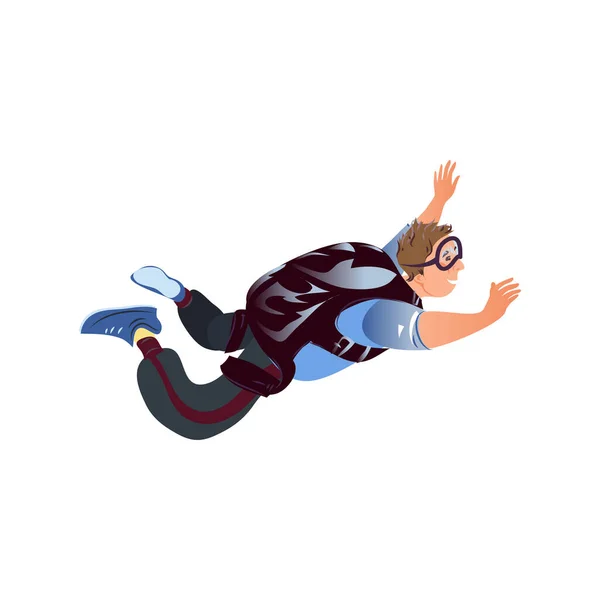 Skydiver in abiti blu con occhiali che volano con lo zaino paracadute. Illustrazione vettoriale in stile fumetto piatto . — Vettoriale Stock