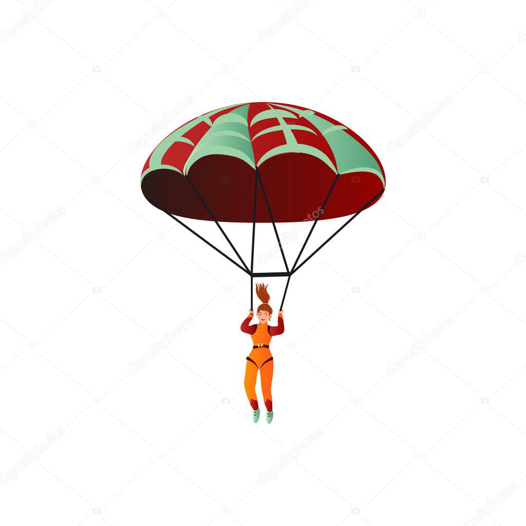 Girl in an orange suit flying with the parachute. Vector illustration in a flat cartoon style.
