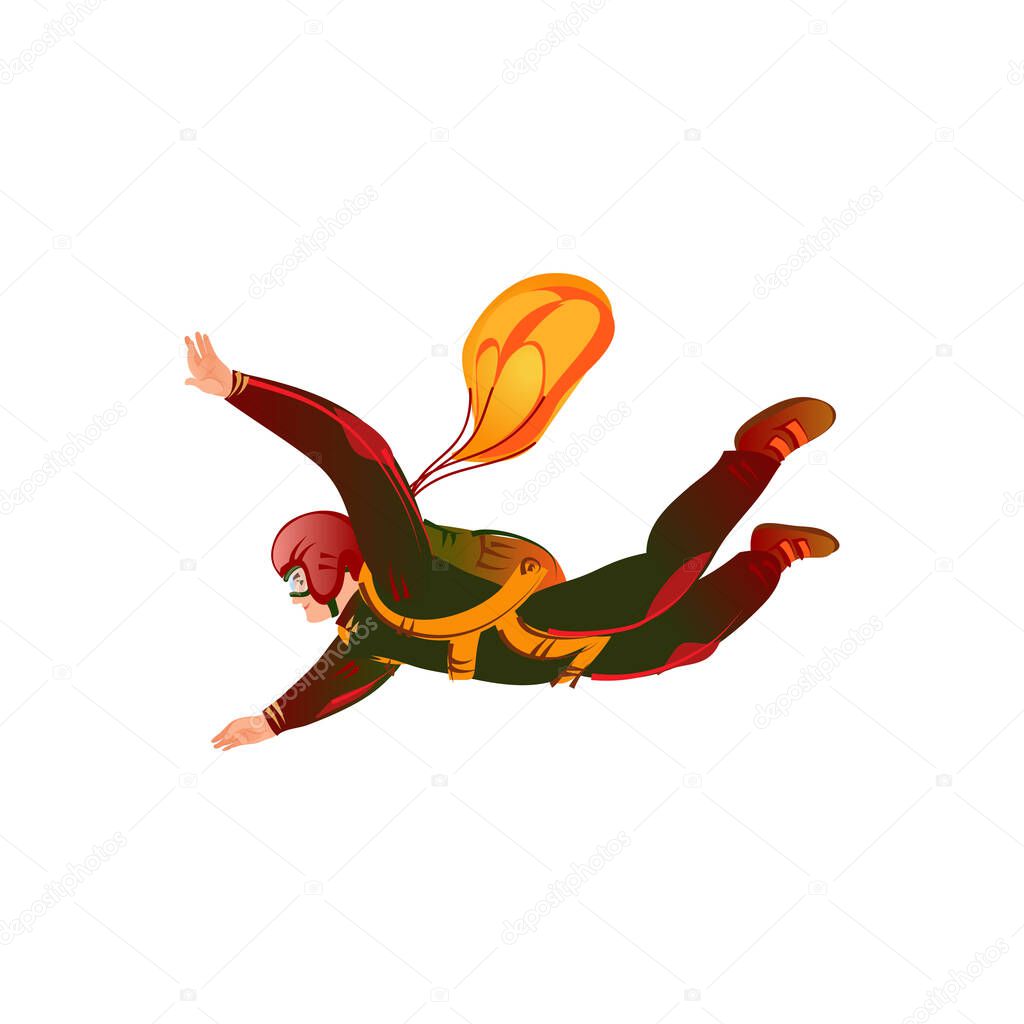 Parachute jumper in the green suit flying with the orange parachute. Vector illustration in a flat cartoon style.