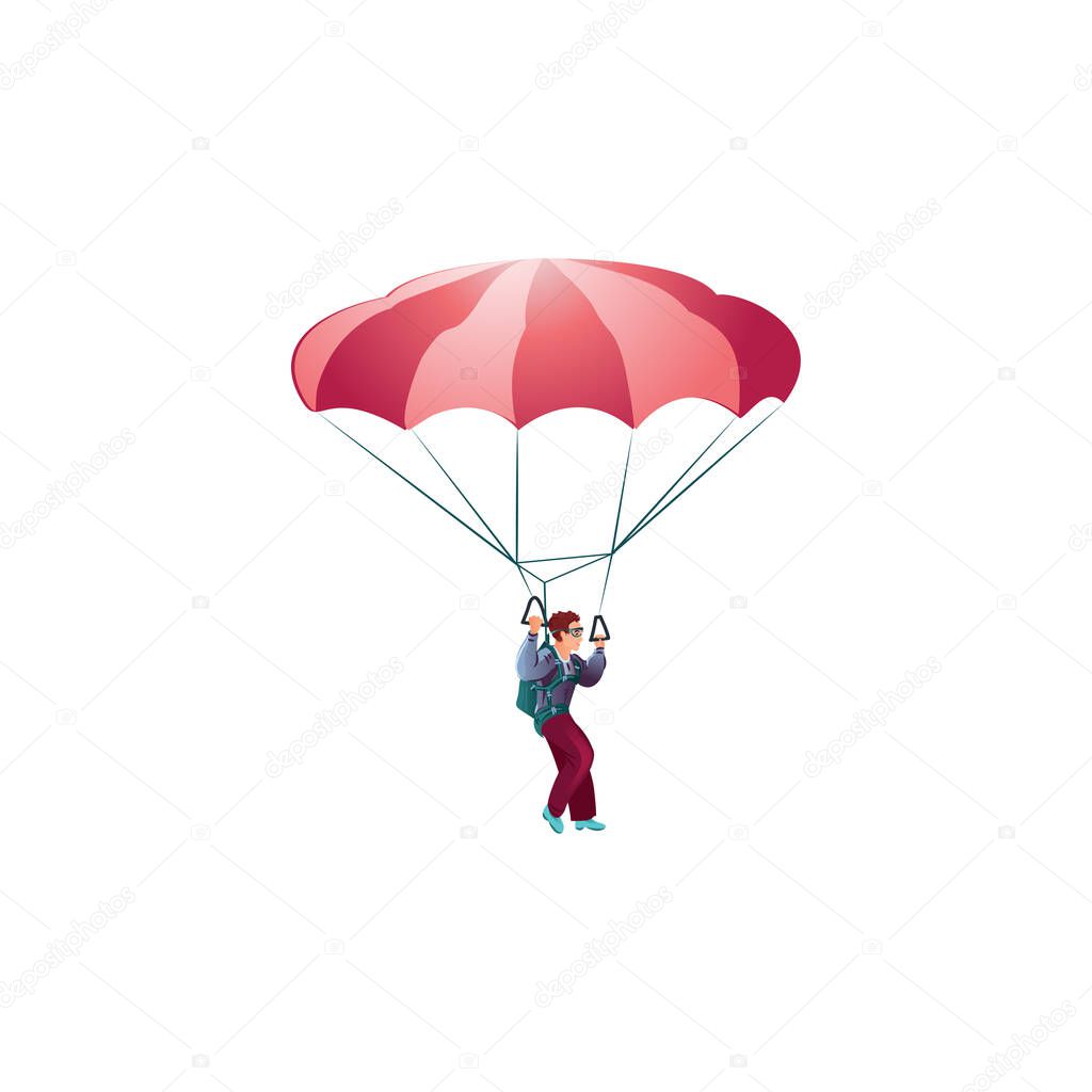 Parachute jumper in the green suit flying with the red parachute. Vector illustration in a flat cartoon style.