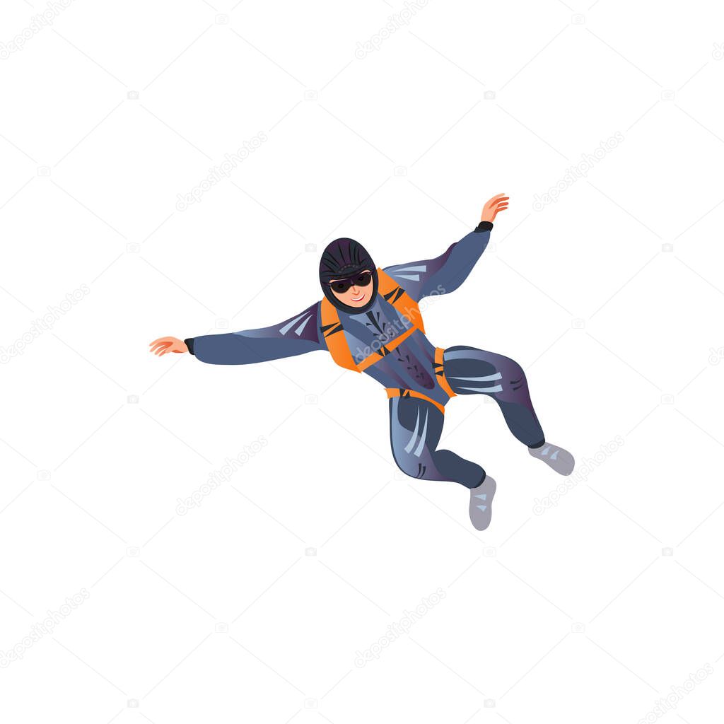 Skydiver in the dark blue suit with helmet and goggles flying with the parachute. Vector illustration in a flat cartoon style.