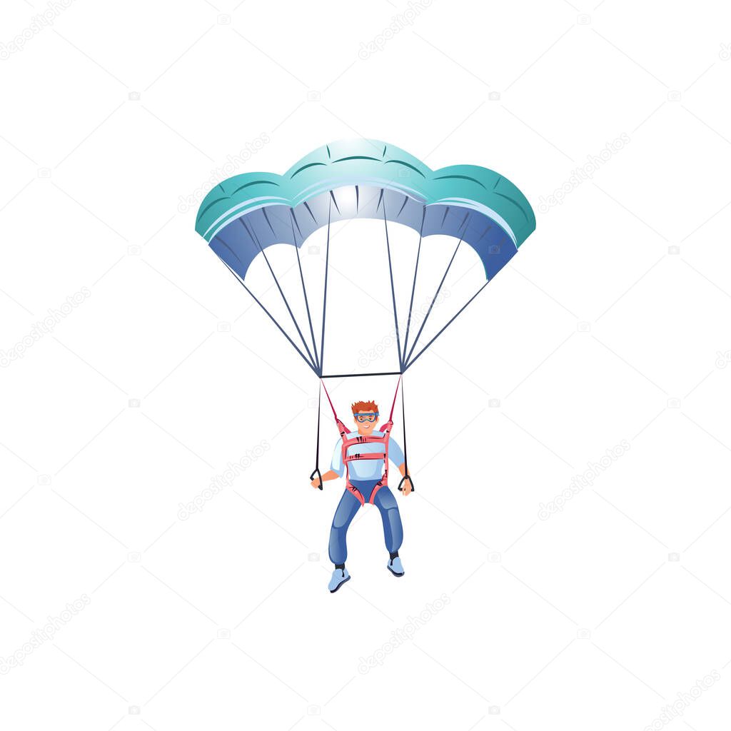 Skydiver in the blue clothes flying with the blue parachute. Vector illustration in a flat cartoon style.