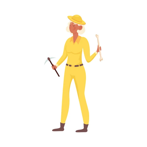 Kobieta archeolog w żółtej odzieży gospodarstwa starożytnych wektor kości ilustracji — Wektor stockowy