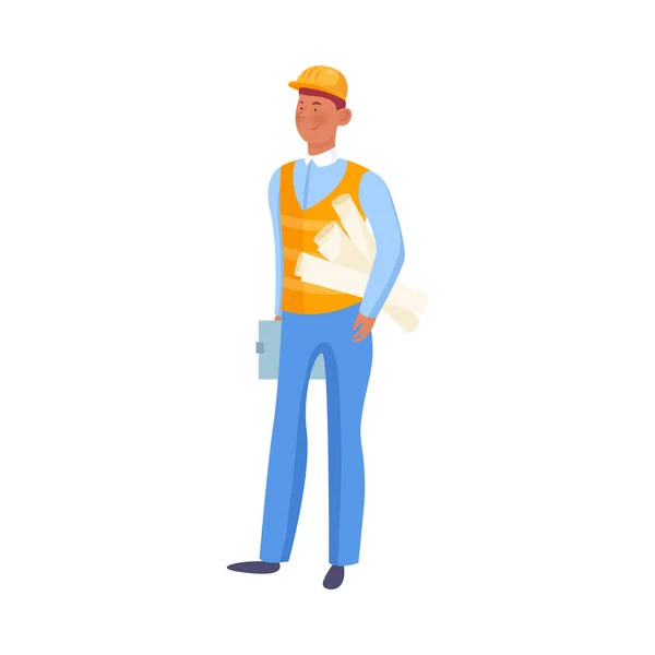 Man builder holding plans and documents in hands vector illustration — ストックベクタ