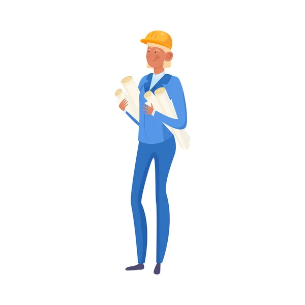 Femme constructeur tenant des documents roulés dans les mains illustration vectorielle — Image vectorielle