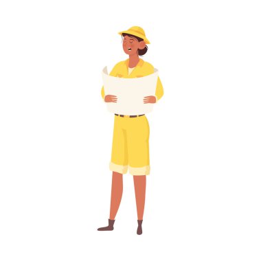 Kadın arkeolog I vektör illüstrasyonunun araştırma planını okuyor.