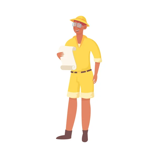 Man arkeolog i gula kläder som håller gamla fleece vektor illustration — Stock vektor