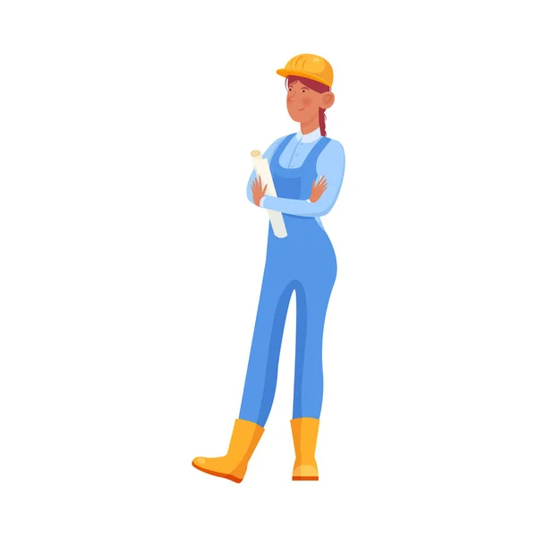 Femme constructeur de bottes tenant rouleau document vectoriel illustration — Image vectorielle