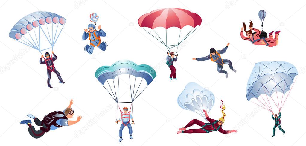 Colorful set of skydivers. Vector illustration in flat cartoon style