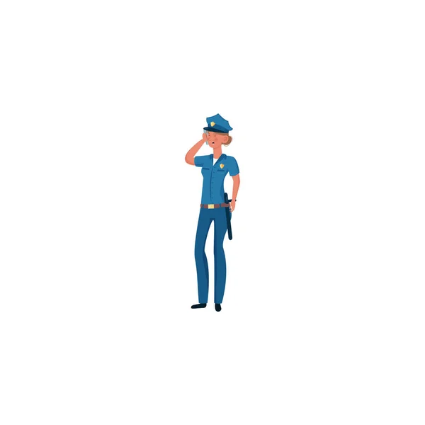 Mavi üniformalı bir polis memuru elinde bir telefonla duruyor. Beyaz arkaplanda vektör illüstrasyonu. — Stok Vektör
