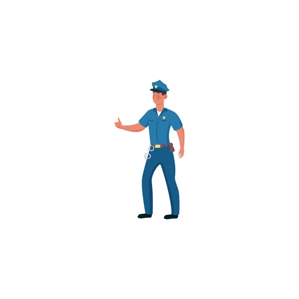 Policía en uniforme azul con una gorra de pie con la mano extendida. Ilustración vectorial aislada sobre fondo blanco — Vector de stock