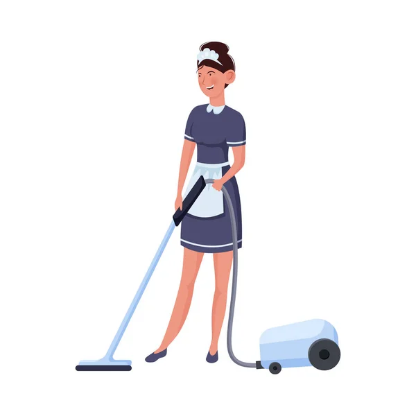 Dienstmädchen in Uniform staubsaugen Teppich und Boden Vektor Illustration — Stockvektor