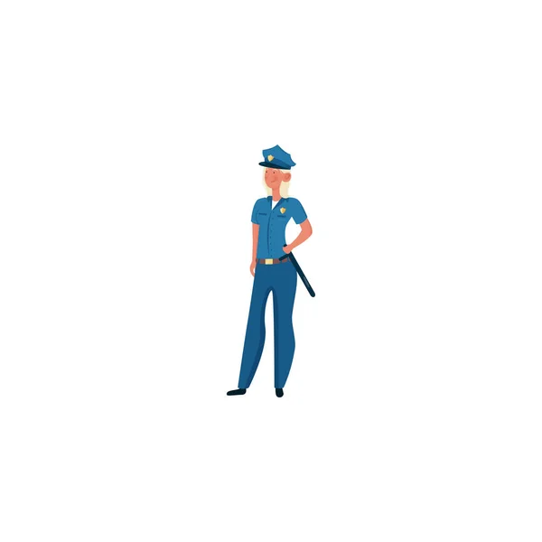 Seorang polisi dengan rambut putih dengan seragam biru berdiri dengan tongkat. Ilustrasi vektor pada latar belakang putih . - Stok Vektor