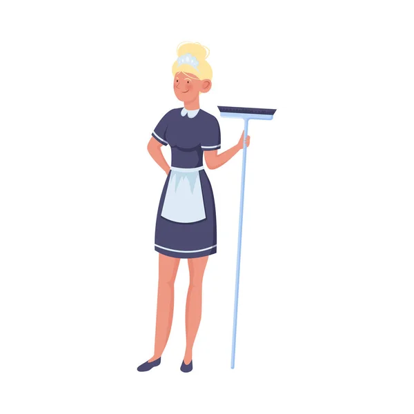 Frau Dienstmädchen stehend und haltend Putzbürste Vektor Illustration — Stockvektor
