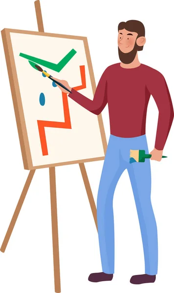 Bearded artist in a red shirt and blue pants paint on the easel. Vector illustration on a white background. — ストックベクタ