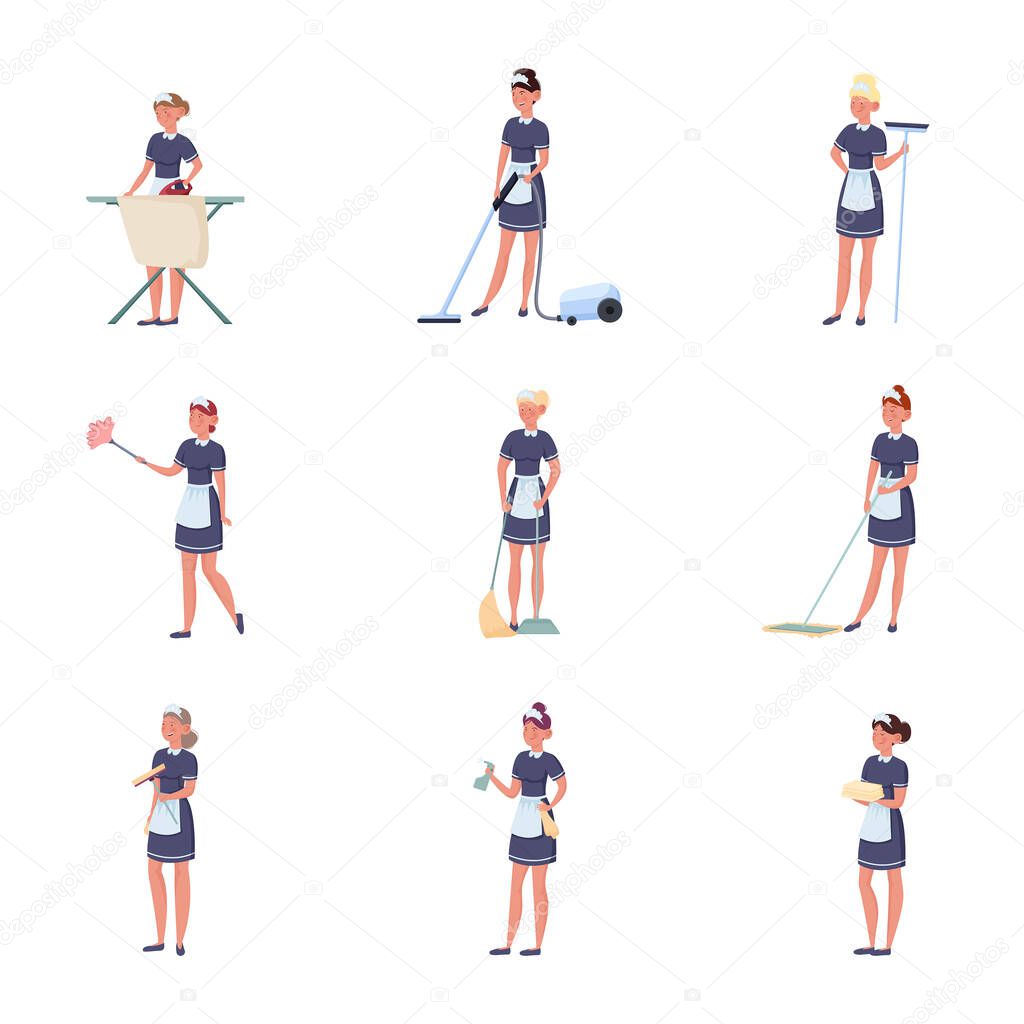 Set of women maids making housekeeping work vector illustration