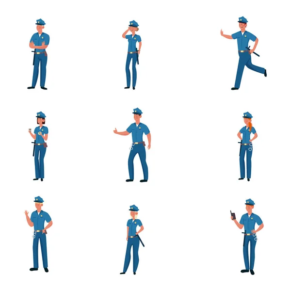 Agente di polizia in pose diverse. Illustrazione vettoriale in stile fumetto piatto — Vettoriale Stock