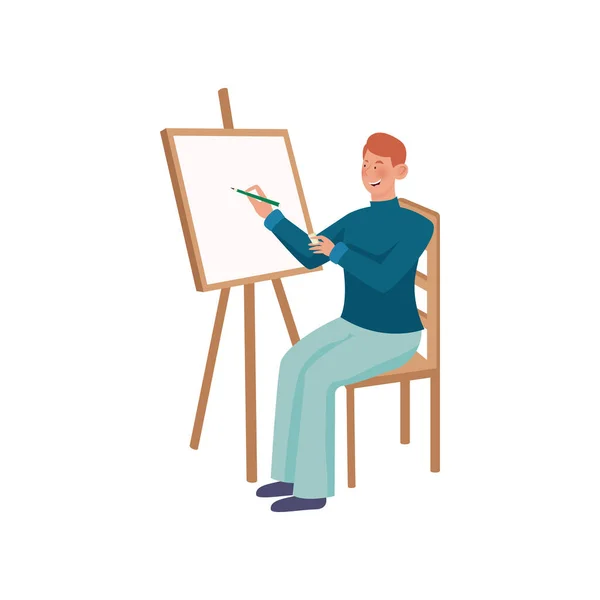 Ein Künstler mit roten Haaren in blauer Hose beginnt auf der Staffelei zu zeichnen. Vektor-Illustration auf weißem Hintergrund. — Stockvektor