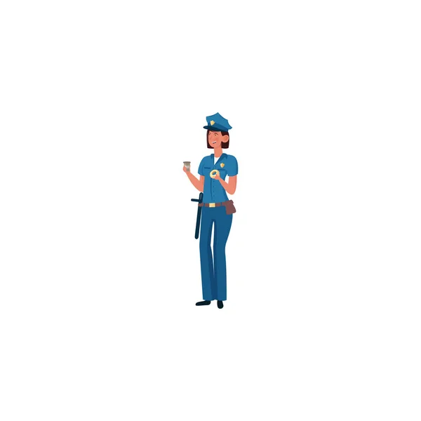 一名身穿蓝色制服的警官站在那里，手里拿着一杯咖啡和甜甜圈。 白色背景上的矢量说明. — 图库矢量图片
